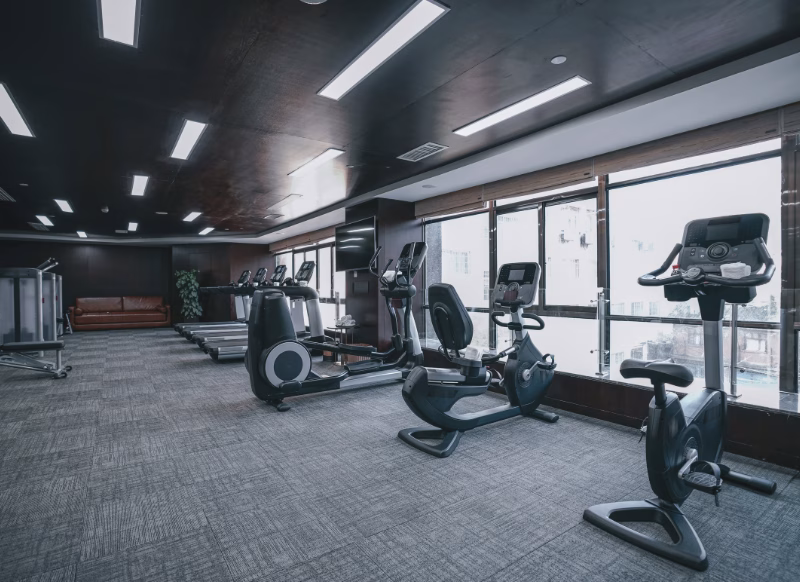 Modern gym setup with compact treadmills and stationary bikes near large windows, ideal for small-space workouts.